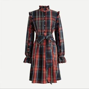 J. Crew belted ruffle dress in black Stewart tartan plaid